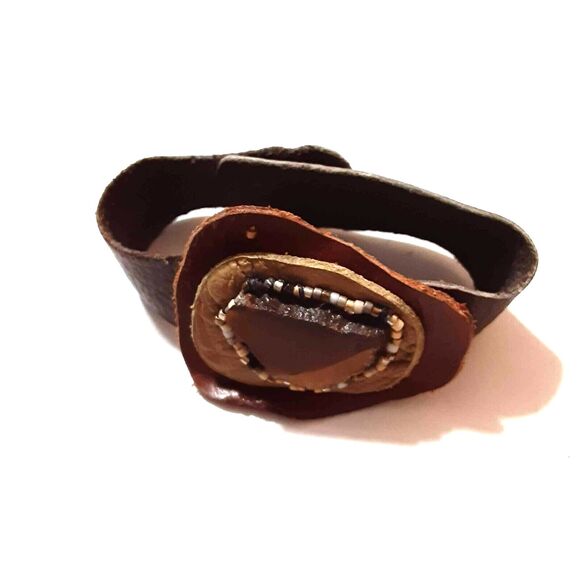 Handmade leather wrap bracelet beaded natural 7" - Picture 2 of 2